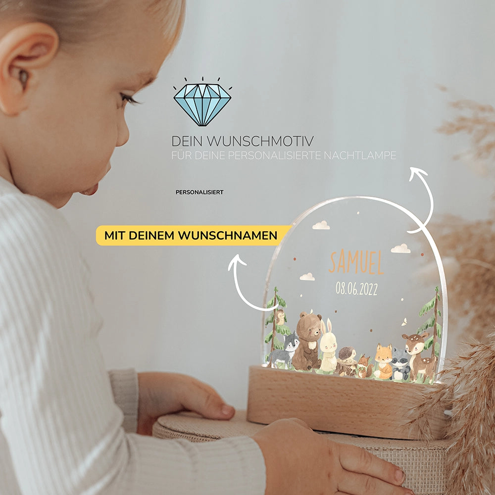 Kleinkind mit Nachtlicht Waldtiere mit Wunschnamen – Babygeschenk personalisiert