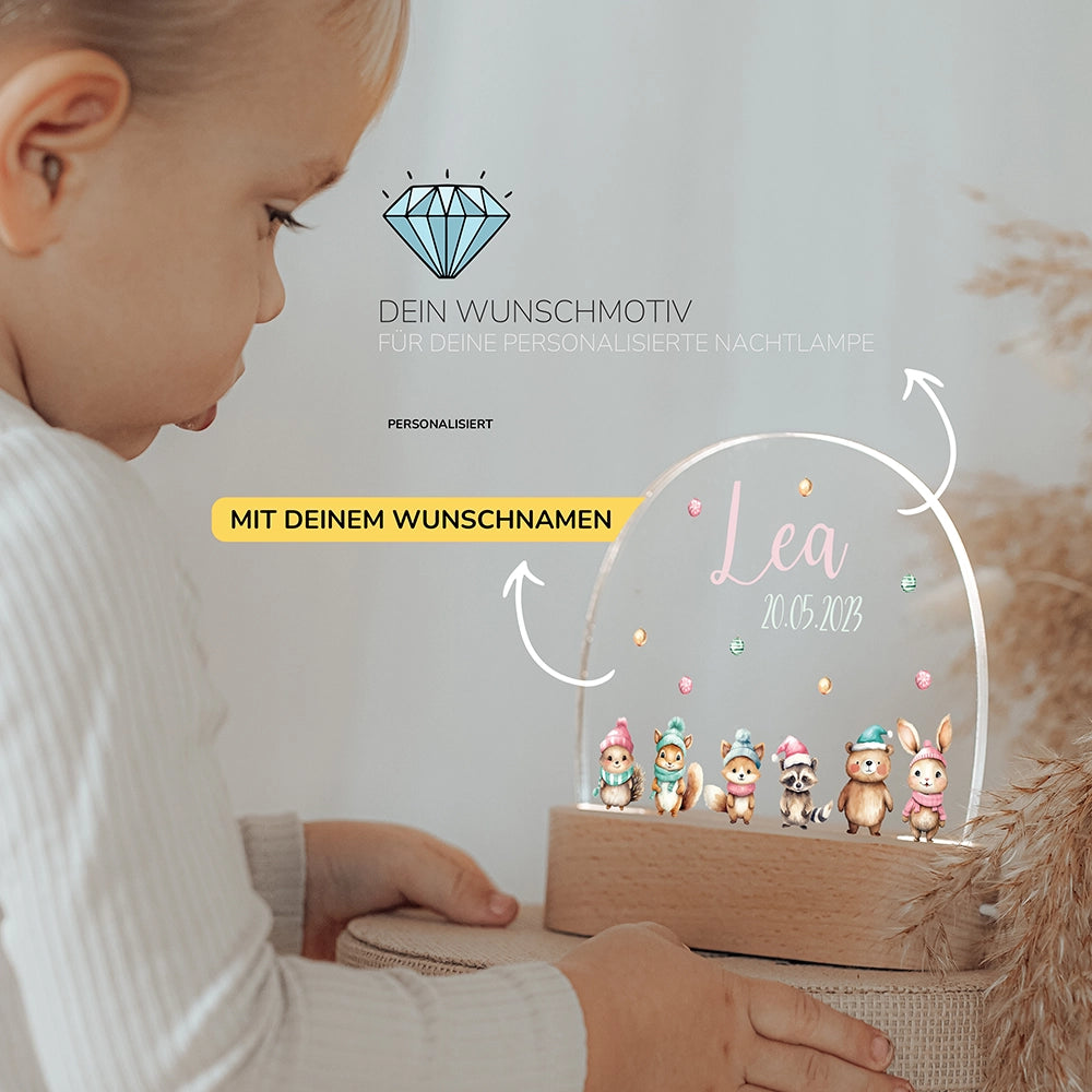 Kleinkind mit Nachtlicht Tiere mit Wunschnamen – Babygeschenk personalisiert