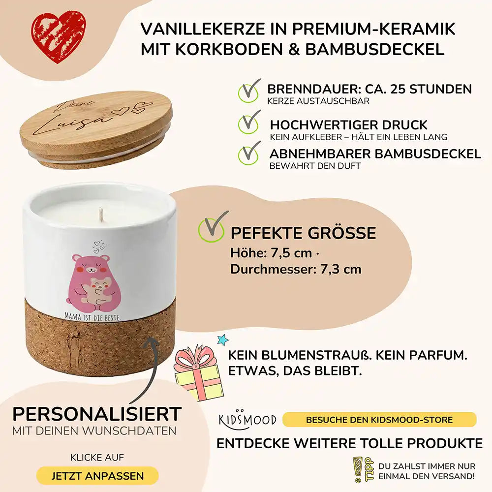 Duftkerze Vanille Keramik Bärenmama Kind – brennend am gemütlichen Abend