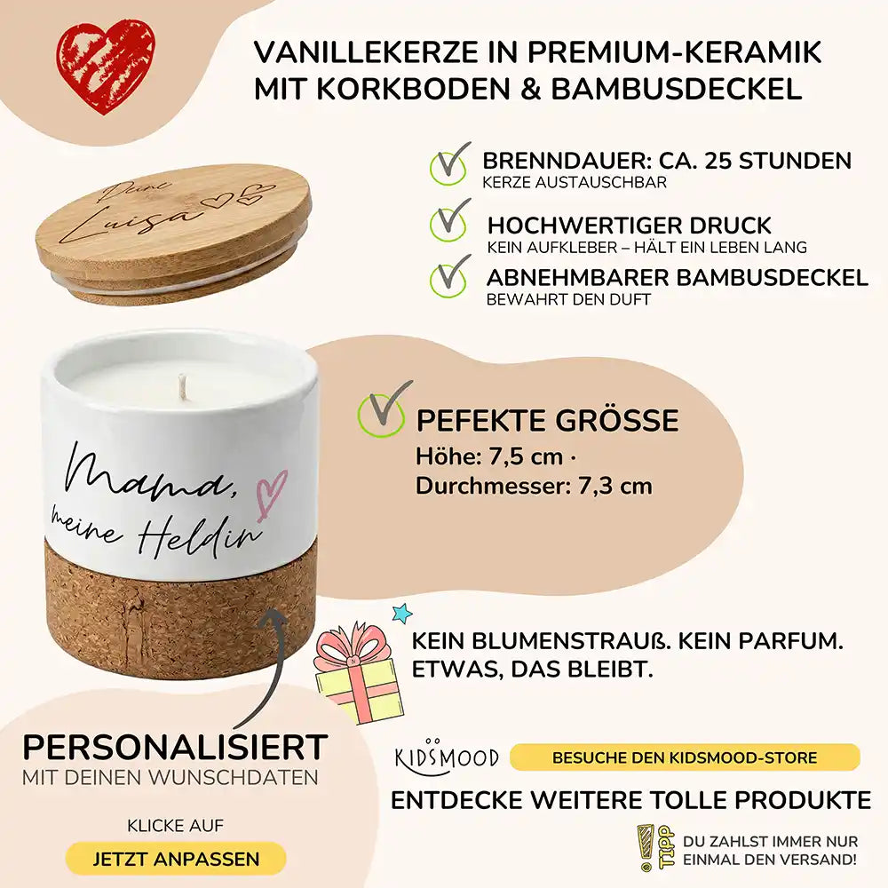 Duftkerze Vanille Keramik Mama meine Heldin – brennend am gemütlichen Abend