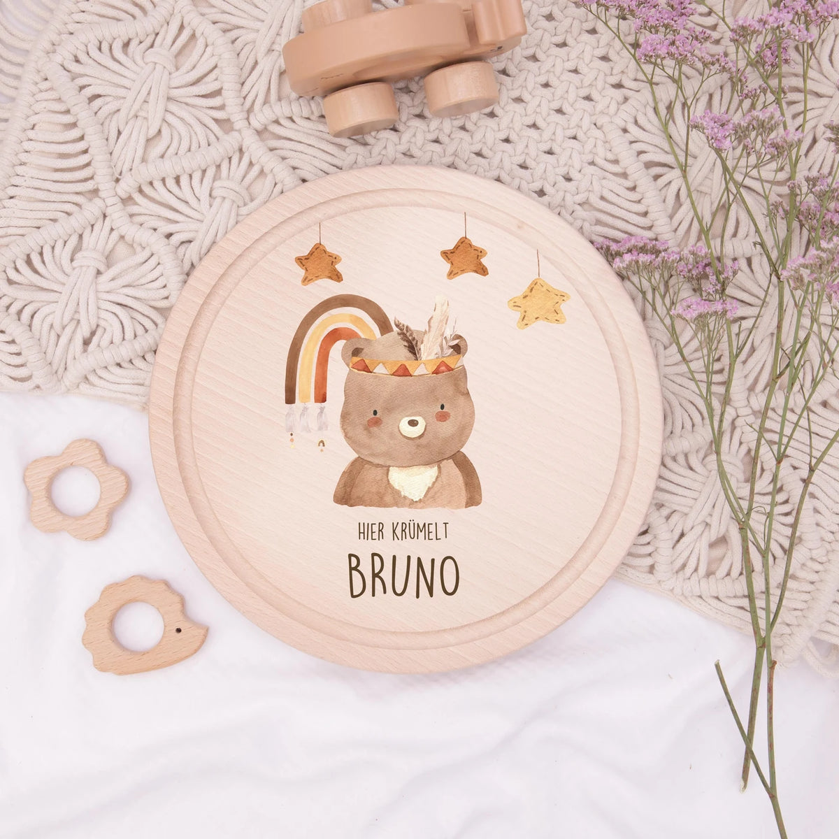 Rundes personalisiertes Frühstücksbrettchen Boho Bär mit Namen für Kinder