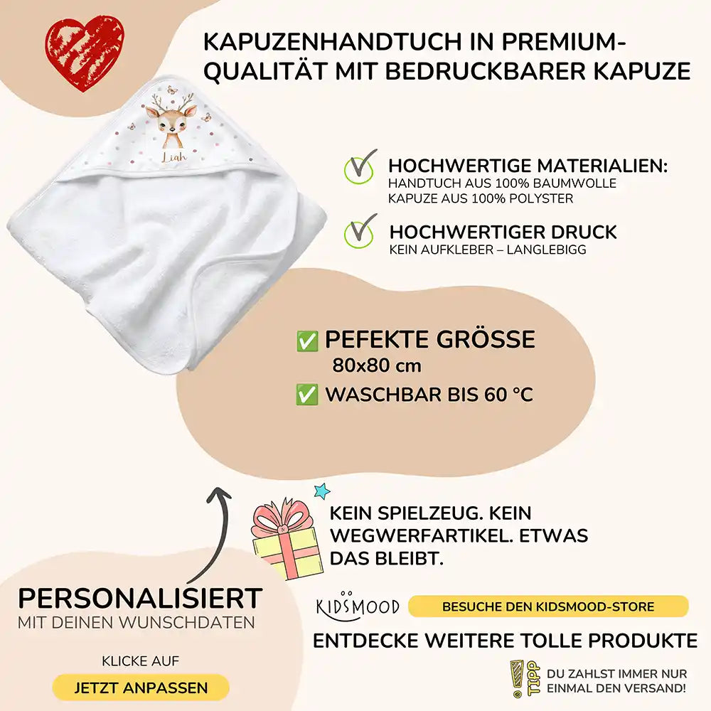 Personalisiertes Kapuzenhandtuch Baby Reh Schmetterlinge – Boho-Flatlay mit Palmblatt-Akzent