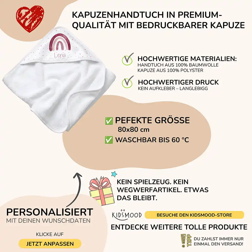Personalisiertes Kapuzenhandtuch Baby Boho-Regenbogen – Boho-Flatlay mit Palmblatt-Akzent