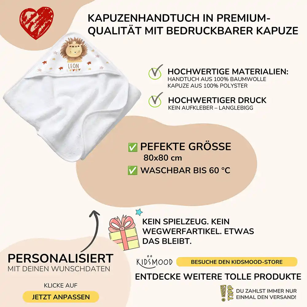 Personalisiertes Kapuzenhandtuch Baby Löwe Krone – Boho-Flatlay mit Palmblatt-Akzent