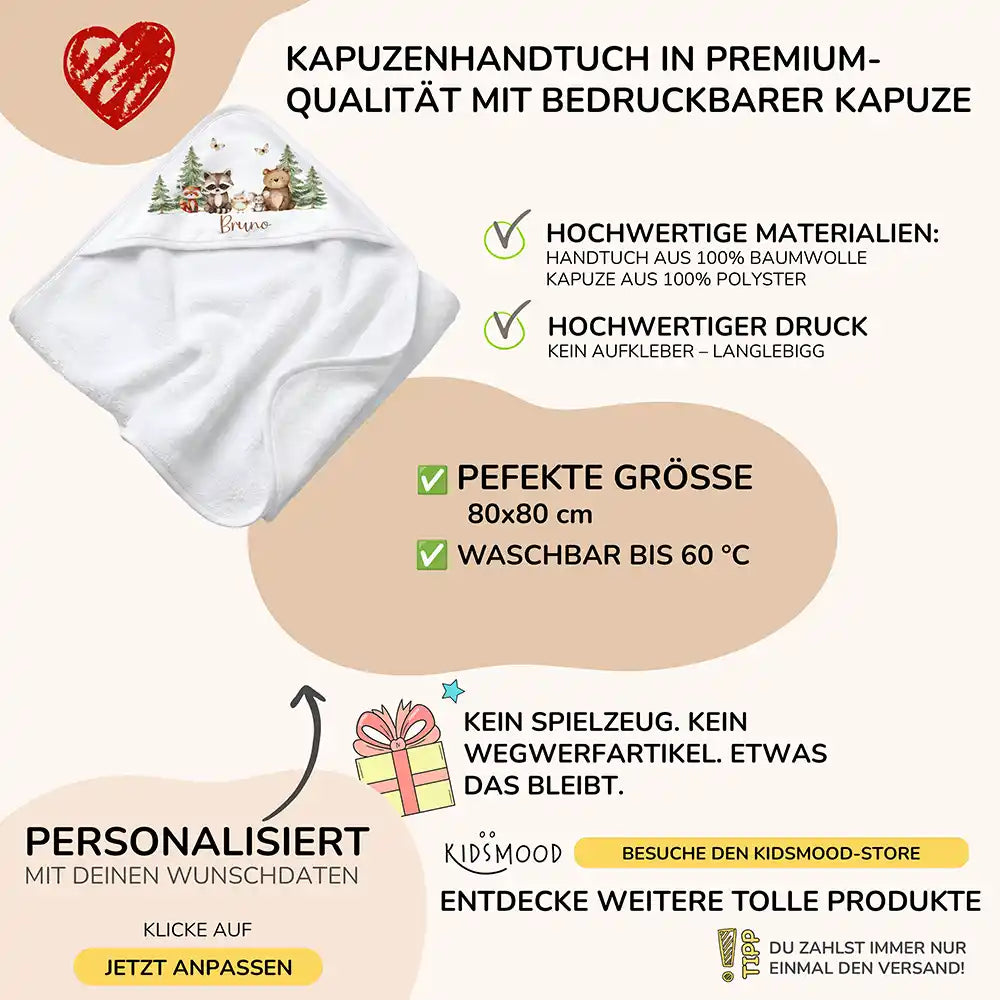 Personalisiertes Kapuzenhandtuch Baby Waldfreunde Bande – Boho-Flatlay mit Palmblatt-Akzent