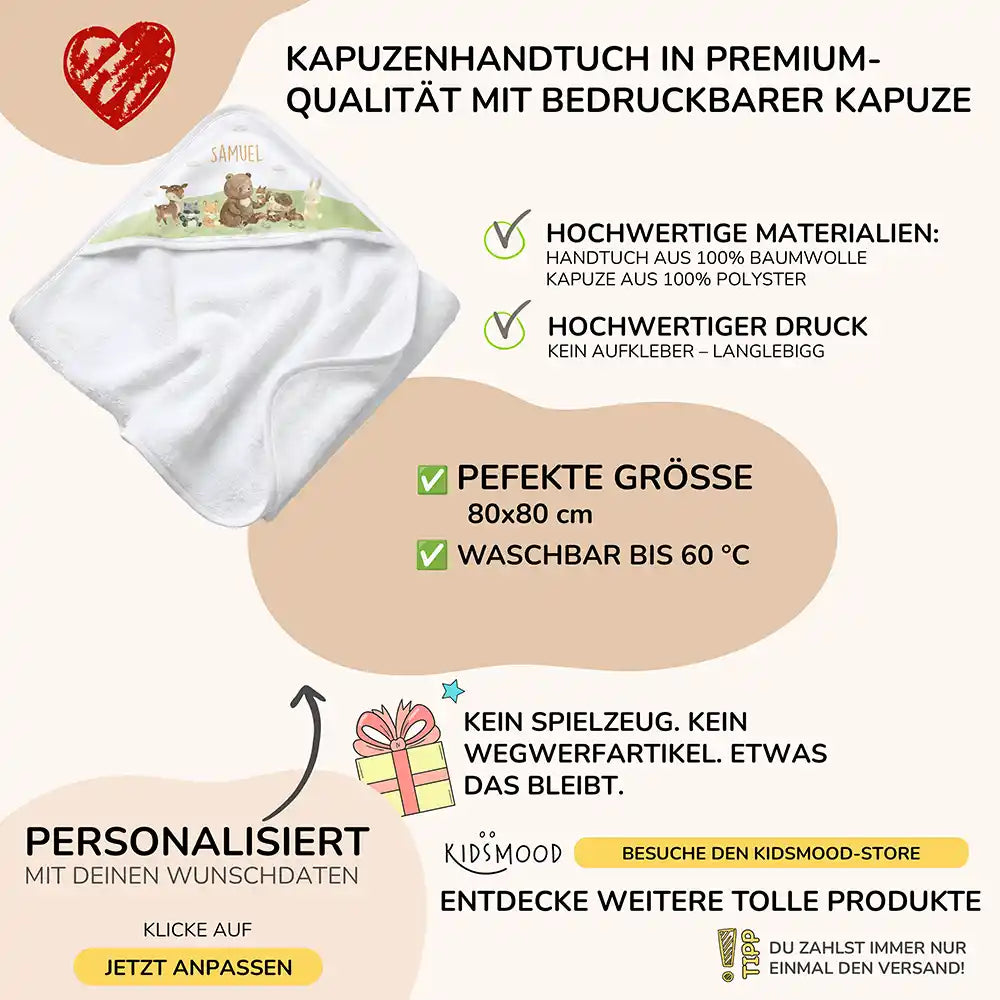 Personalisiertes Kapuzenhandtuch Baby Waldfreunde Hügel – Boho-Flatlay mit Palmblatt-Akzent