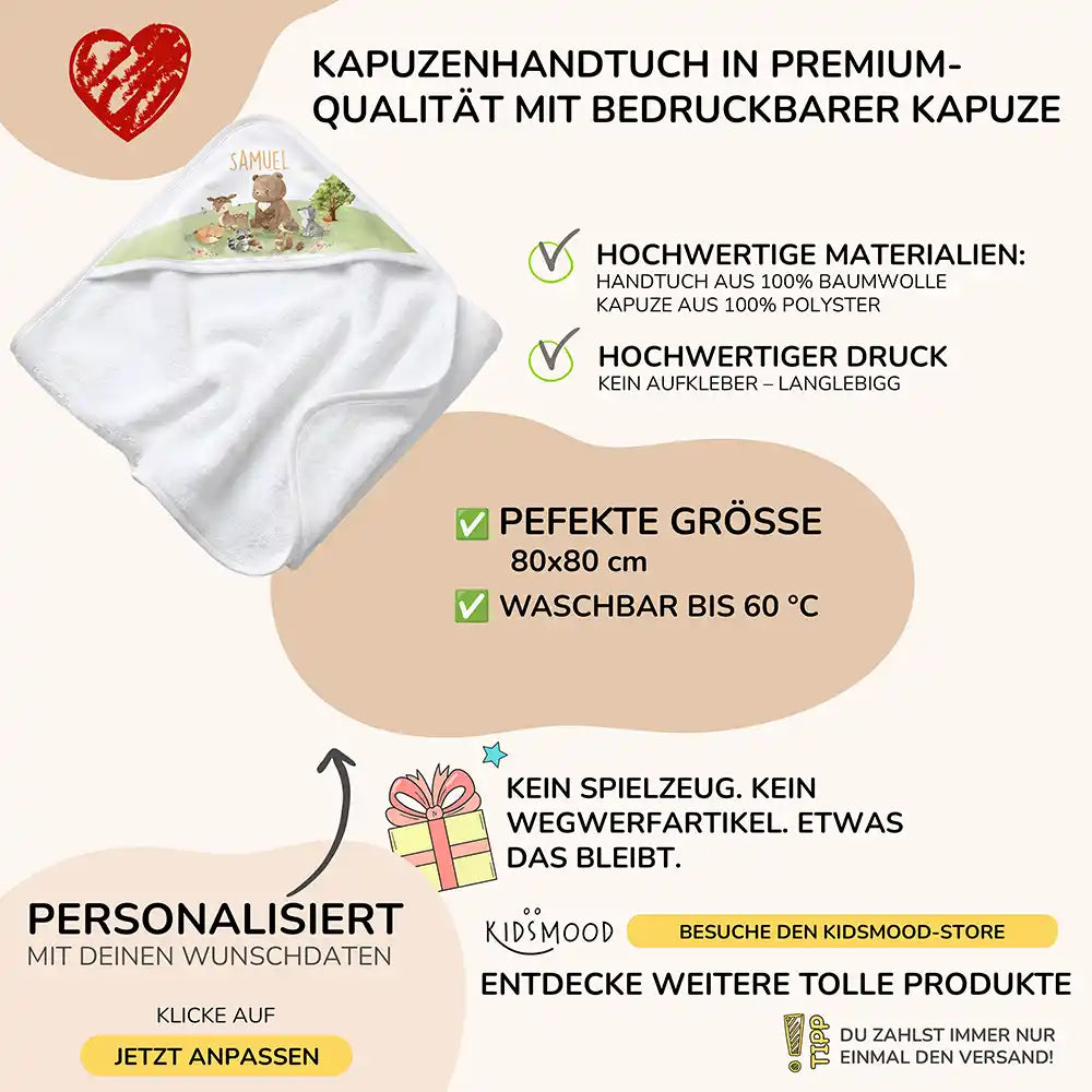 Personalisiertes Kapuzenhandtuch Baby Waldparade – Boho-Flatlay mit Palmblatt-Akzent