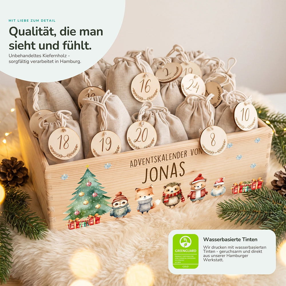 Adventskalender Holz, unbehandeltes Kiefernholz und Jutesäckchen im Detail