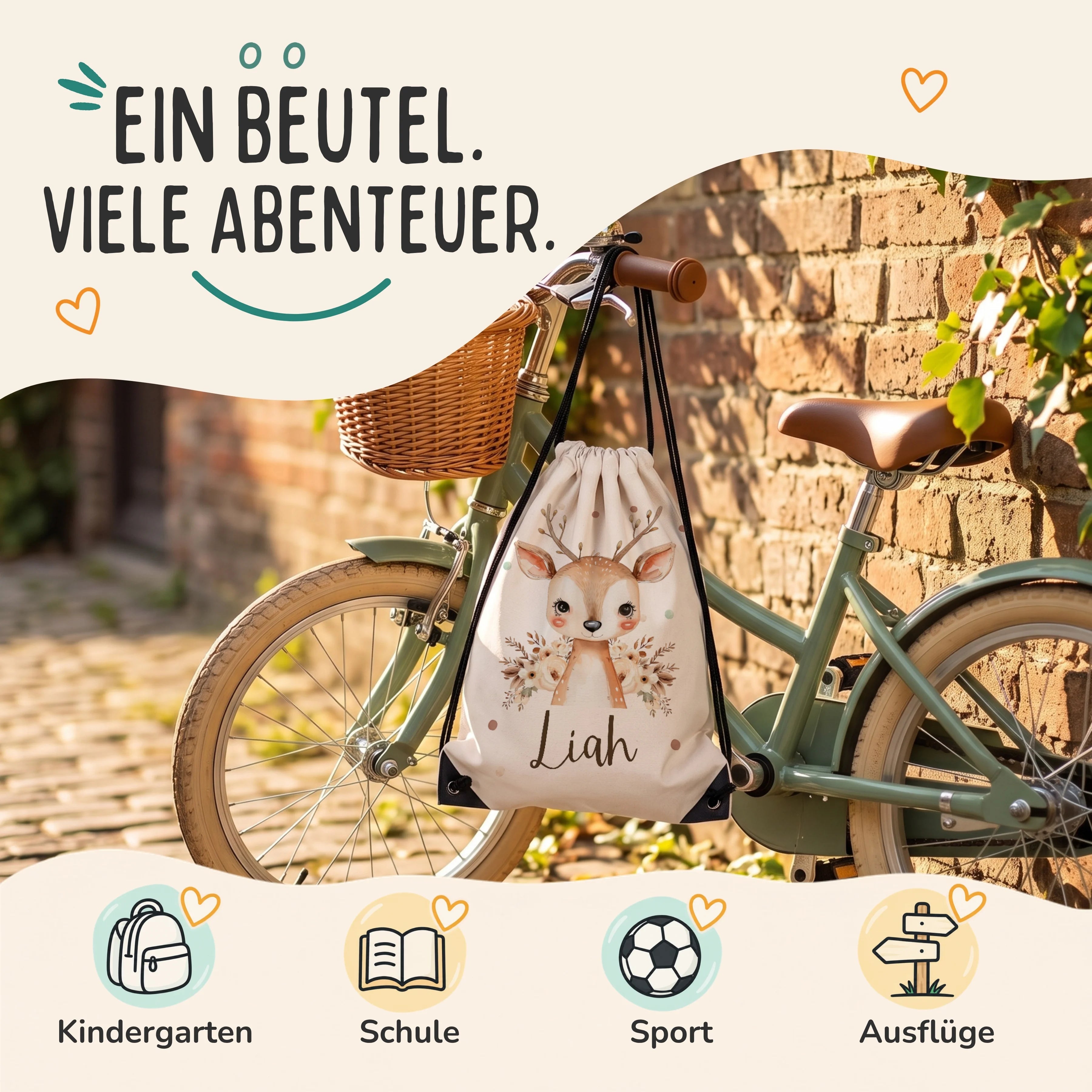 Personalisierter Turnbeutel Baby Reh, Sportbeutel für Kindergarten, Schule, Sport und Ausflüge