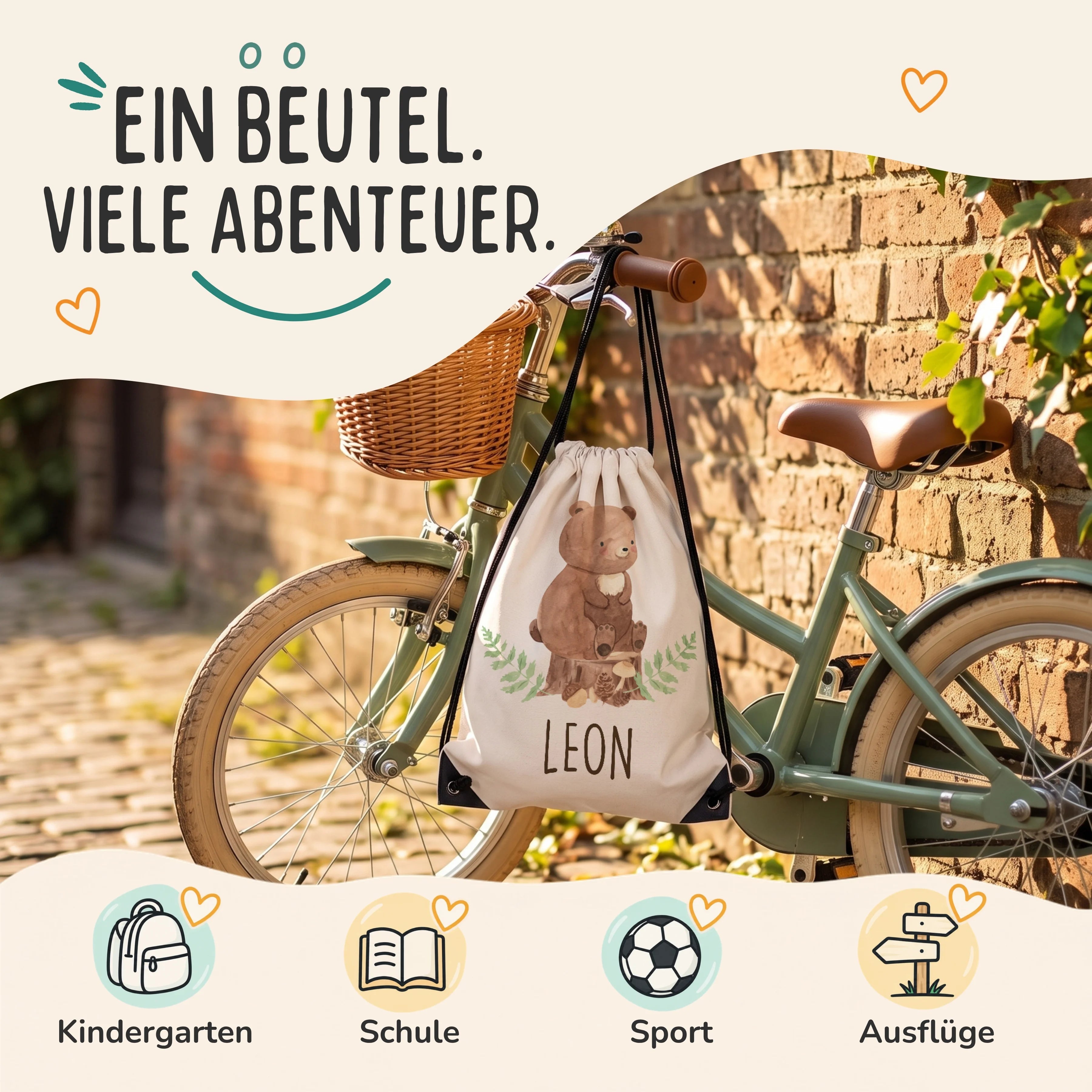 Personalisierter Turnbeutel Bär, Sportbeutel für Kindergarten, Schule, Sport und Ausflüge