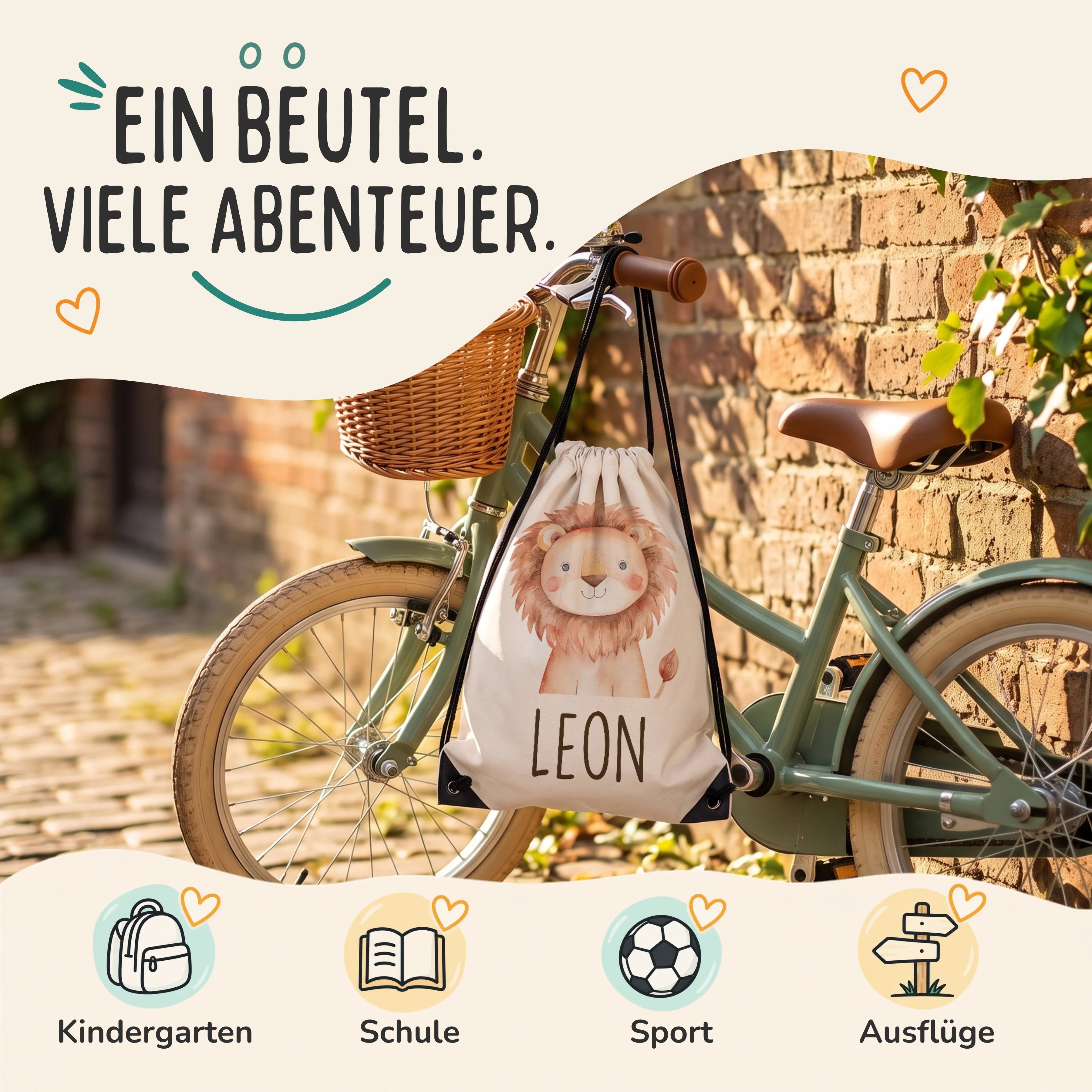 Personalisierter Turnbeutel Löwe, Sportbeutel für Kindergarten, Schule, Sport und Ausflüge