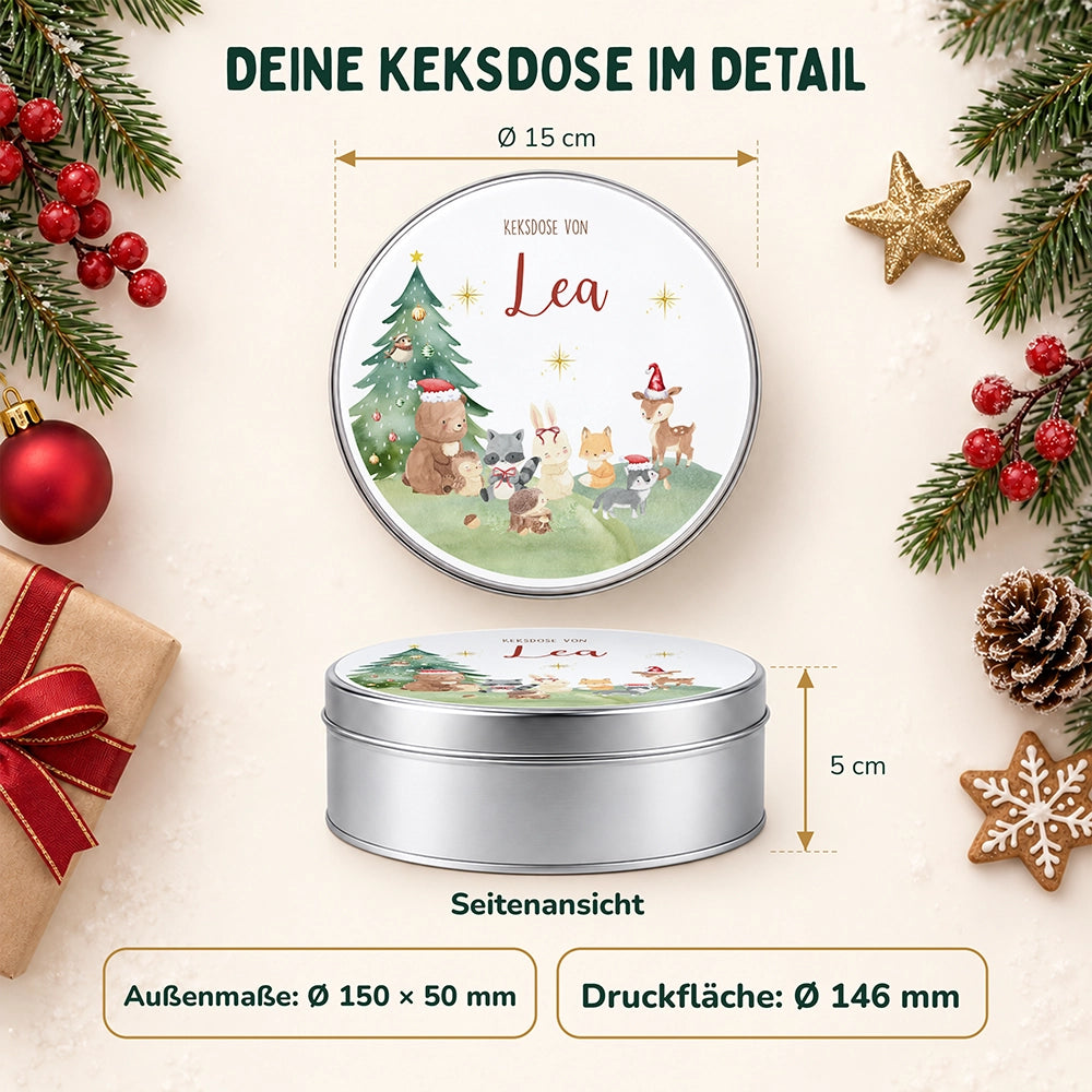 Keksdose aus Metall personalisiert - Kleine Waldbewohner im Weihnachtsglanz
