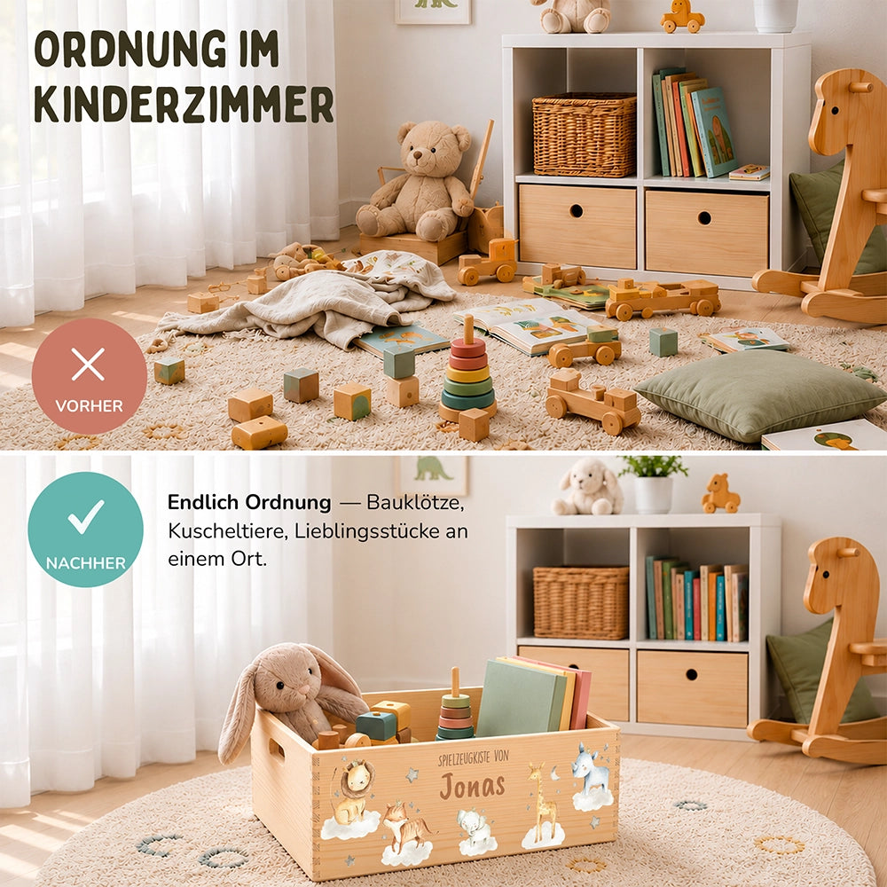 Spielzeugkiste personalisiert mit Namen - Wilde Safari