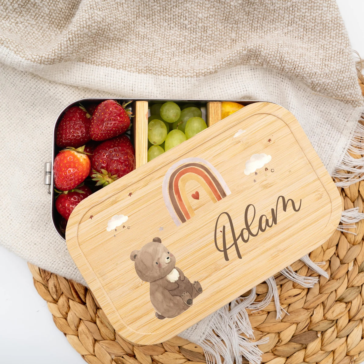 Brotdose Kinder personalisiert - Boho Bär Regenbogen