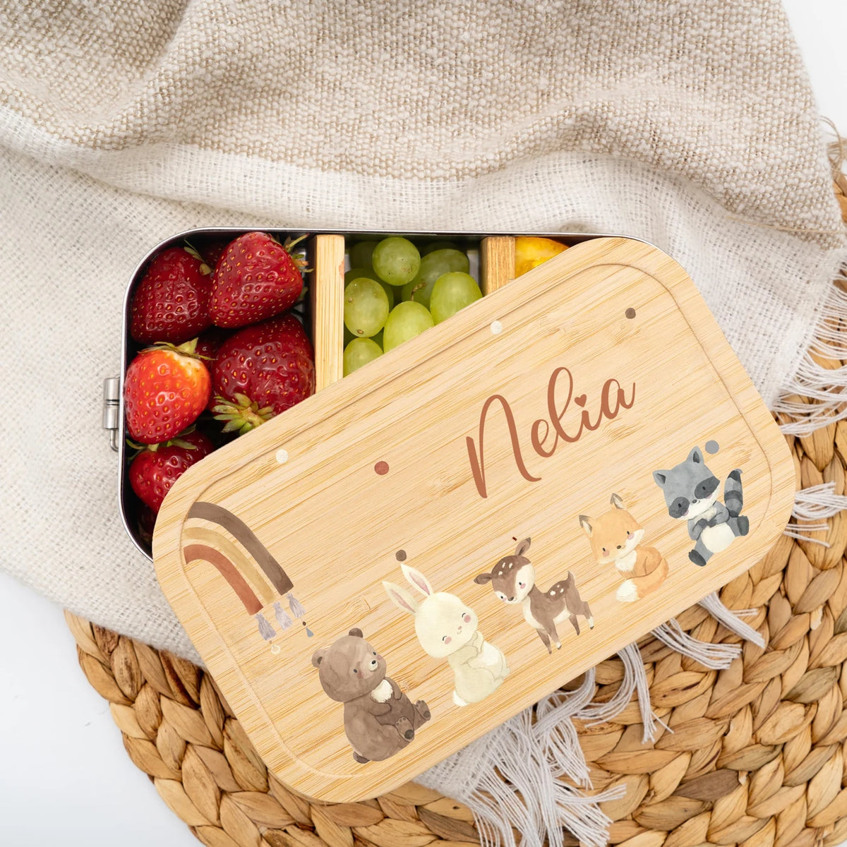 Brotdose Kinder personalisiert - Boho Tierfamilie Regenbogen