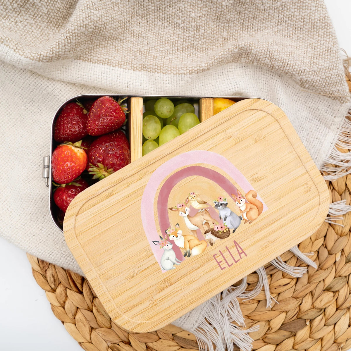 Brotdose Kinder personalisiert - Regenbogen Waldtiere