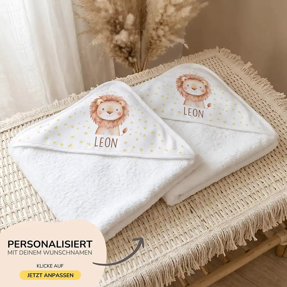 Personalisiertes Kapuzenhandtuch Baby Löwe Sterne – 500 g/qm Baumwoll-Frottee Detail
