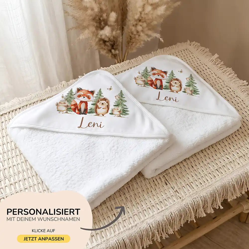 Personalisiertes Kapuzenhandtuch Baby Waldfreunde Tannen – 500 g/qm Baumwoll-Frottee Detail