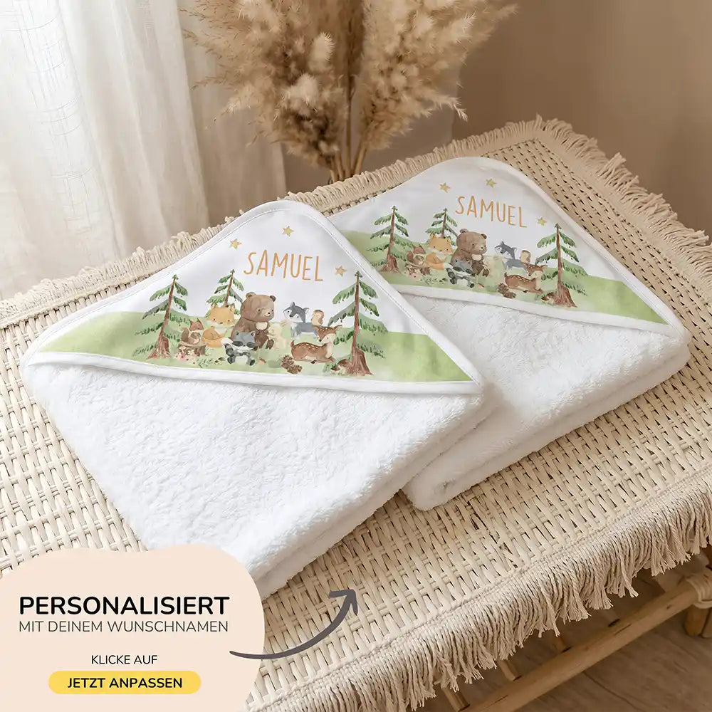 Personalisiertes Kapuzenhandtuch Baby Waldwiese Tiere – 500 g/qm Baumwoll-Frottee Detail