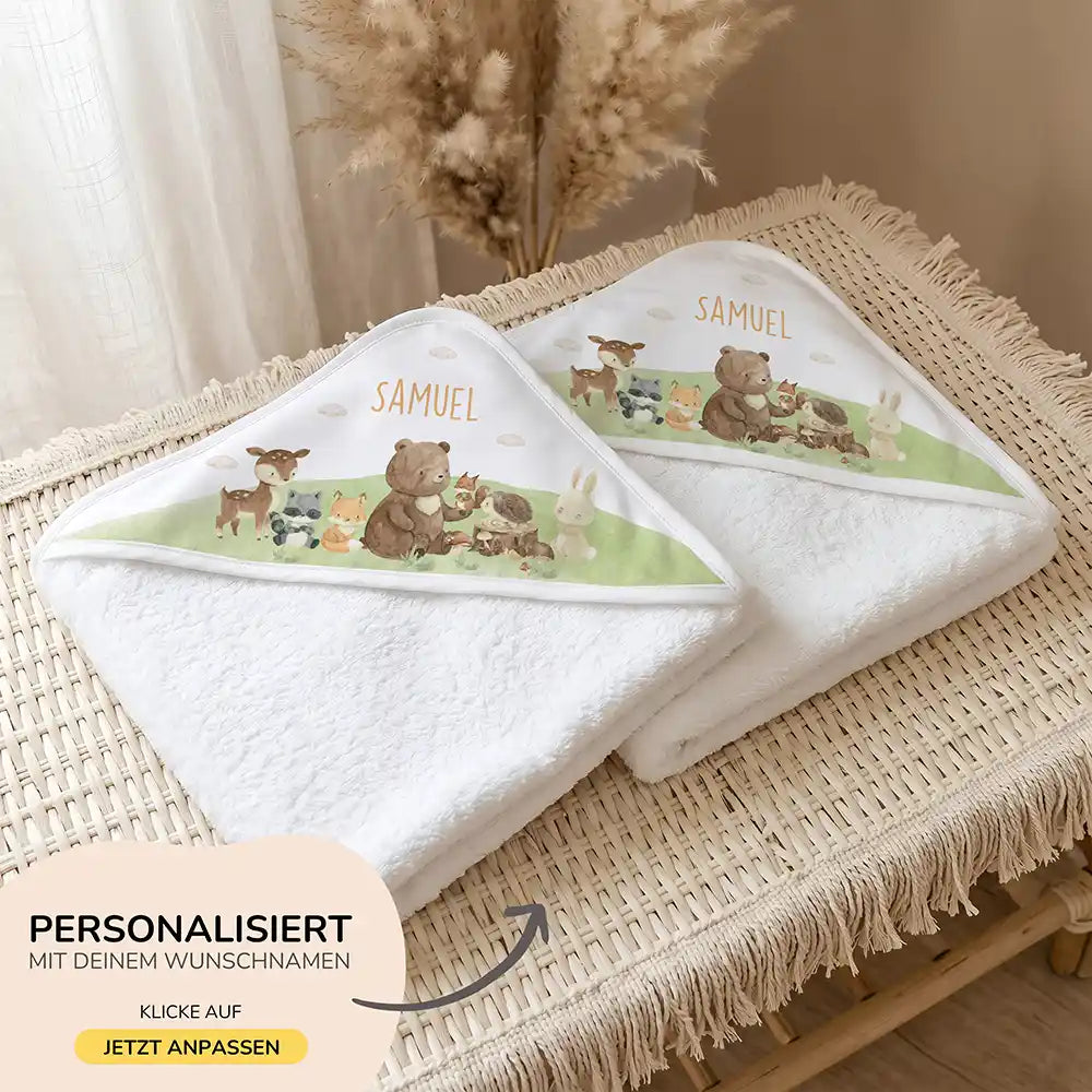 Personalisiertes Kapuzenhandtuch Baby Waldfreunde Hügel – 500 g/qm Baumwoll-Frottee Detail