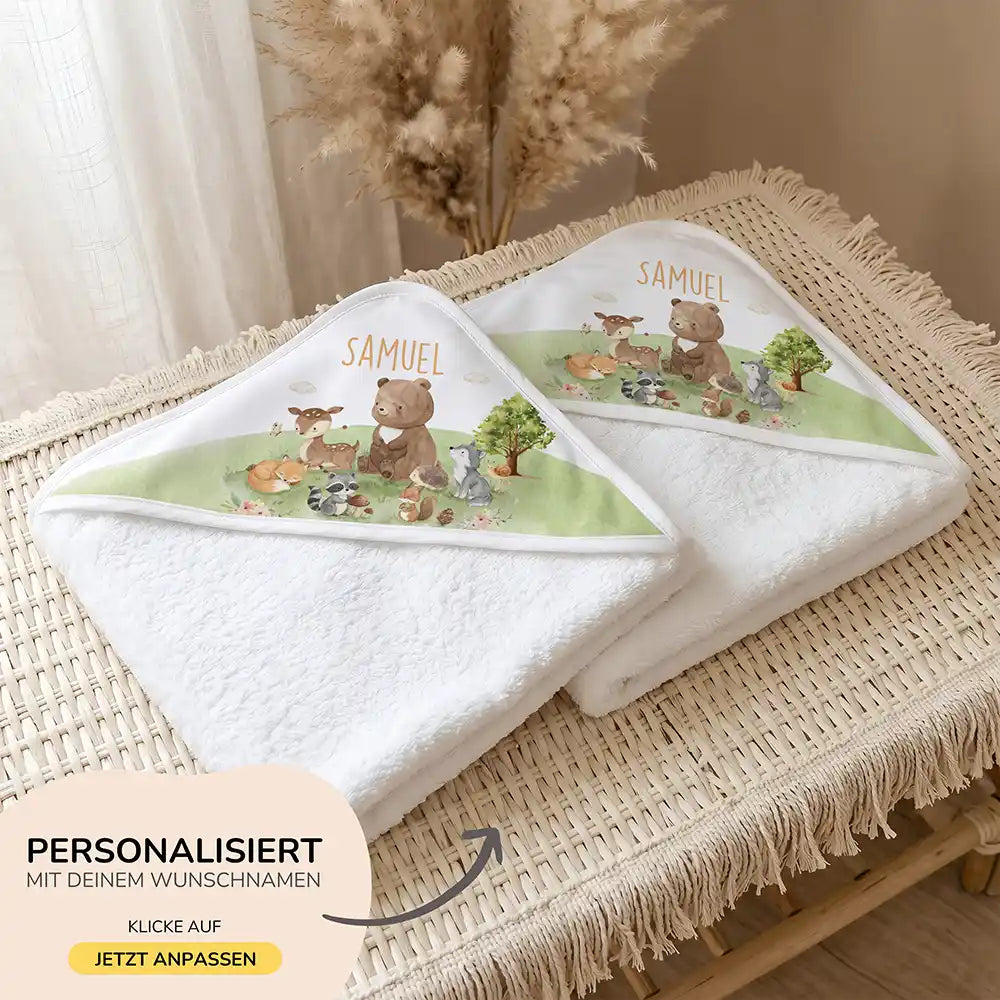 Personalisiertes Kapuzenhandtuch Baby Waldparade – 500 g/qm Baumwoll-Frottee Detail