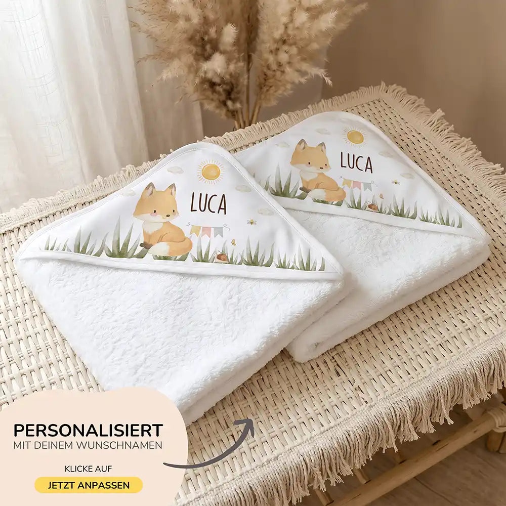 Personalisiertes Kapuzenhandtuch Baby Fuchs Wiese – 500 g/qm Baumwoll-Frottee Detail