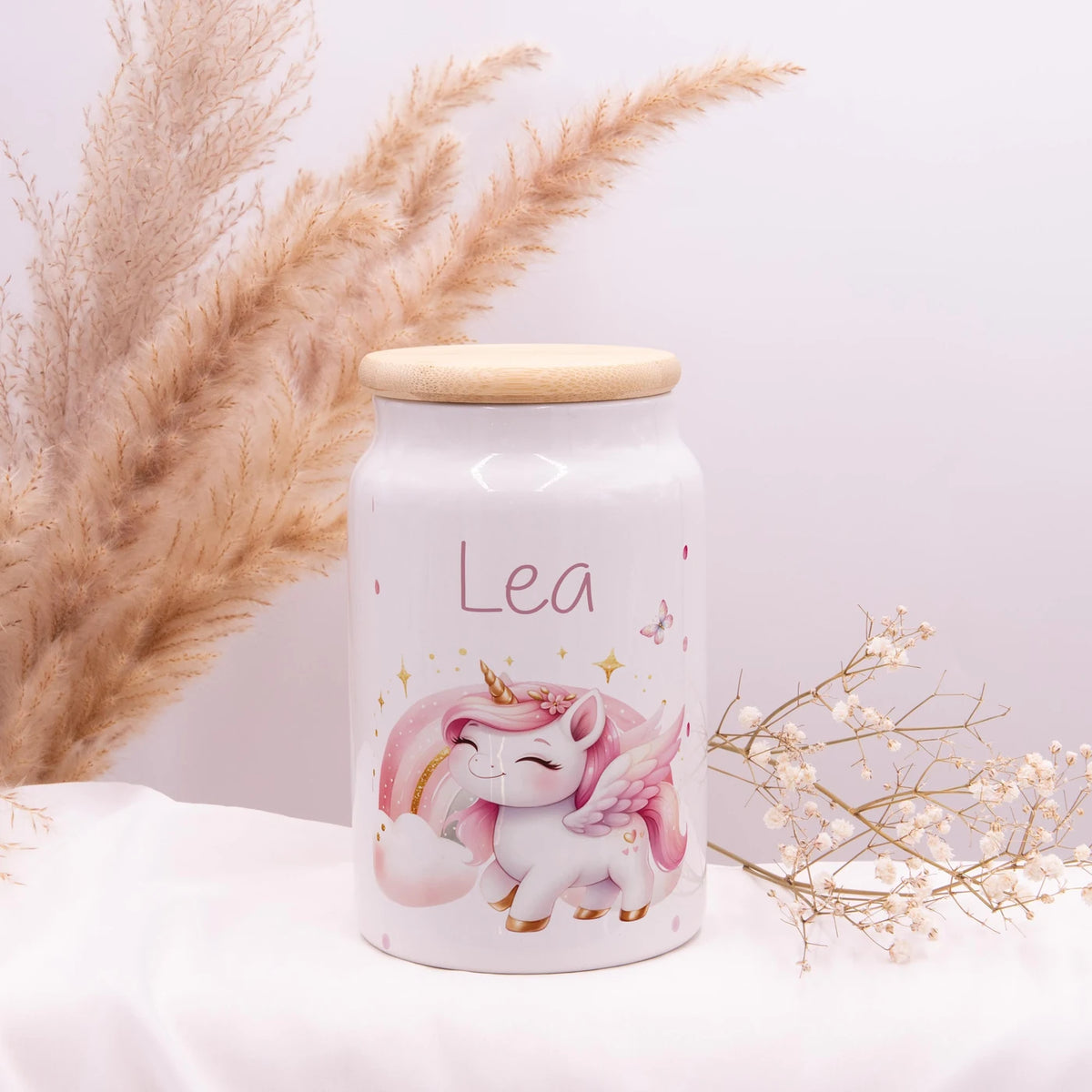 Personalisierbare Keksdose mit Name - Einhorn Regenbogen
