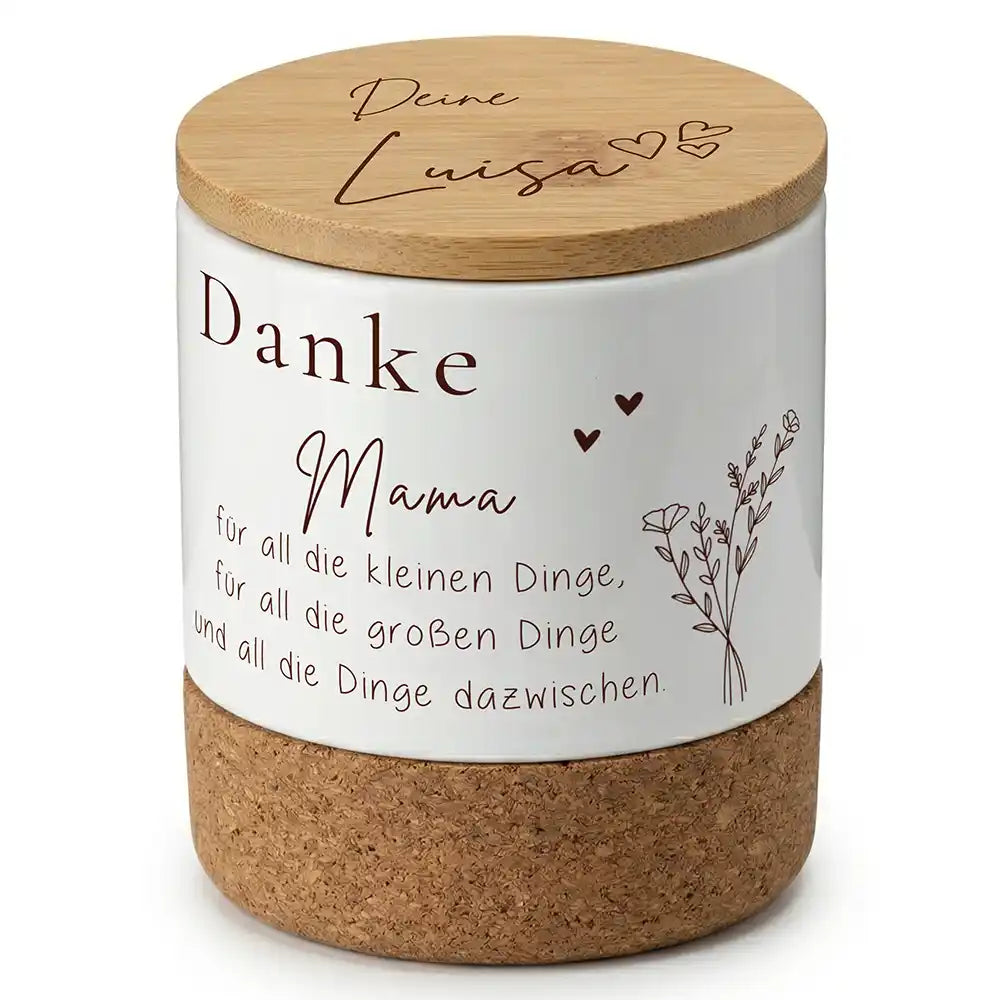 Duftkerze Vanille Keramik Danke Mama Blumenzweig – Dreiviertel-Ansicht Keramikbecher