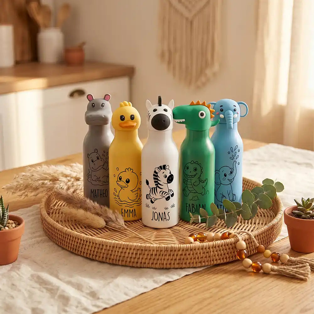 Personalisierte Trinkflasche Kinder Nilpferd, Wasserflasche für die Schule