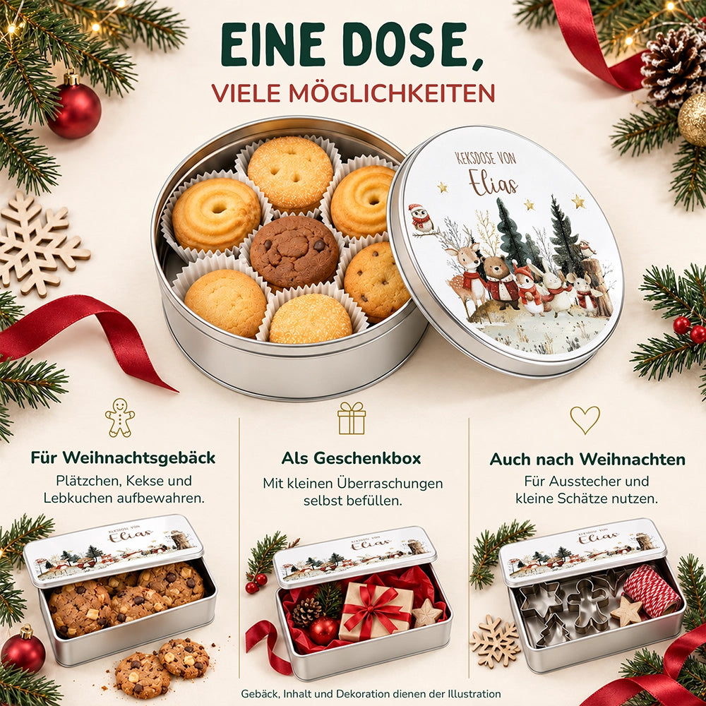 Keksdose aus Metall personalisiert - Weihnachtsfreunde im Schnee
