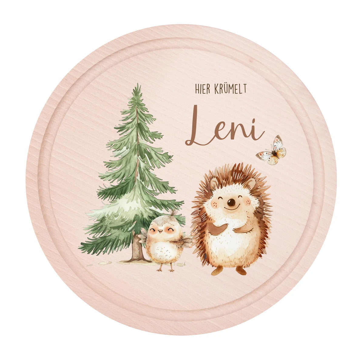 Rundes personalisiertes Frühstücksbrettchen Igel mit Namen für Kinder