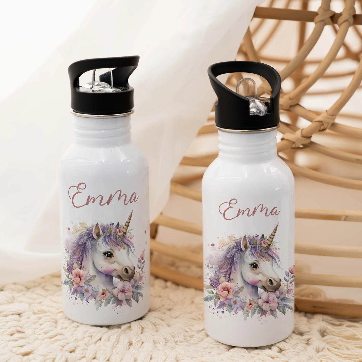 Trinkflasche Kinder Edelstahl - Einhorn mit Blüten