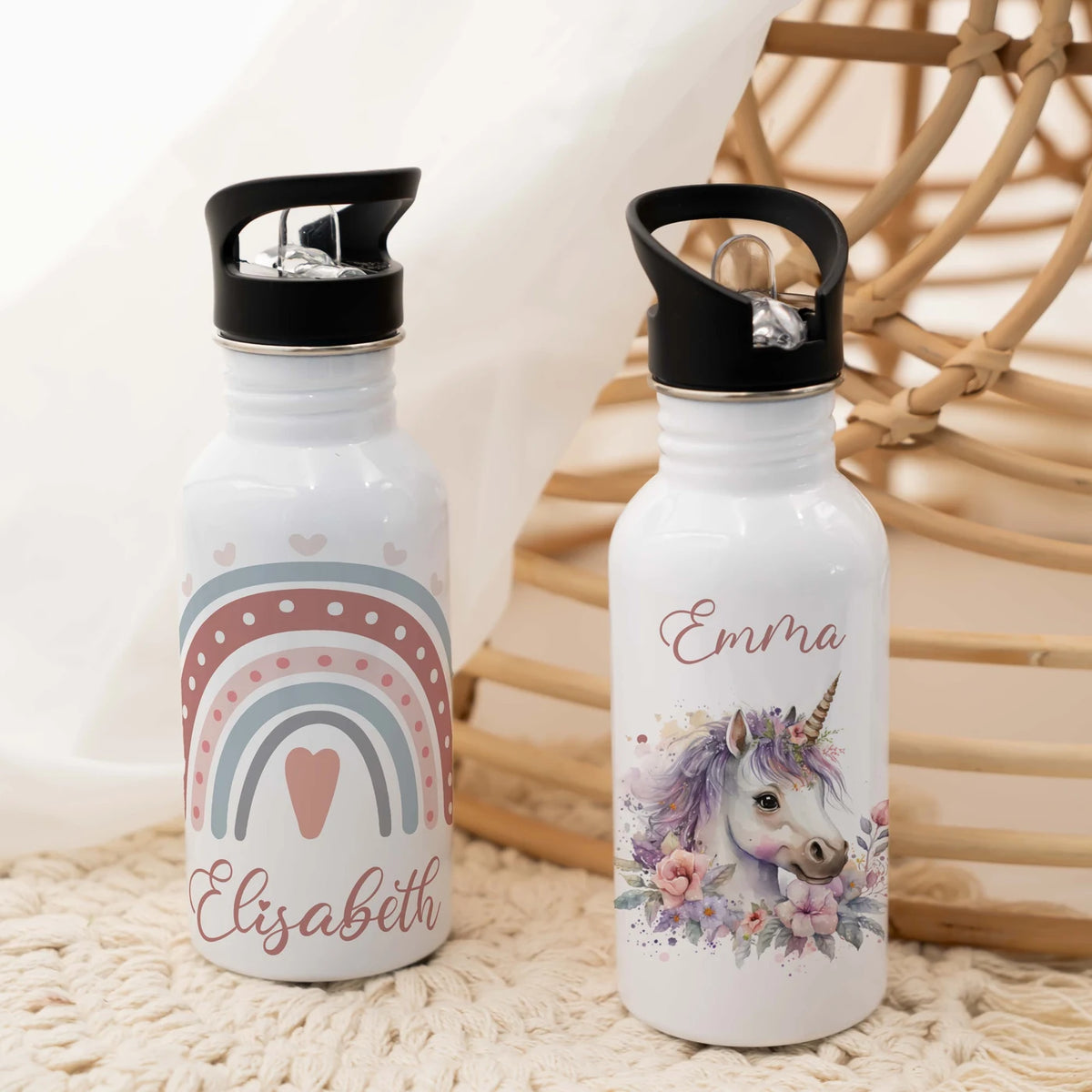 Trinkflasche Kinder Edelstahl - Regenbogen - Personalisierbar mit Namen