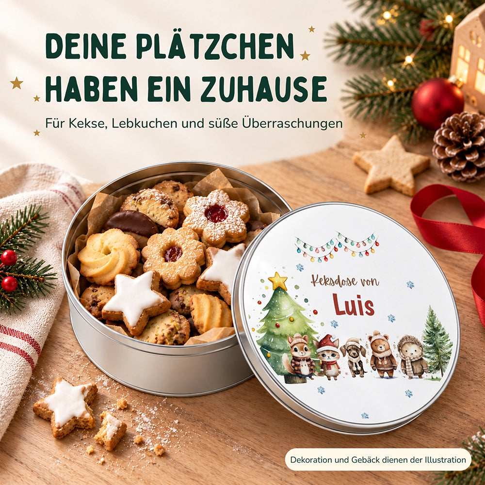 Keksdose aus Metall personalisiert - Winterliche Kuschelbande