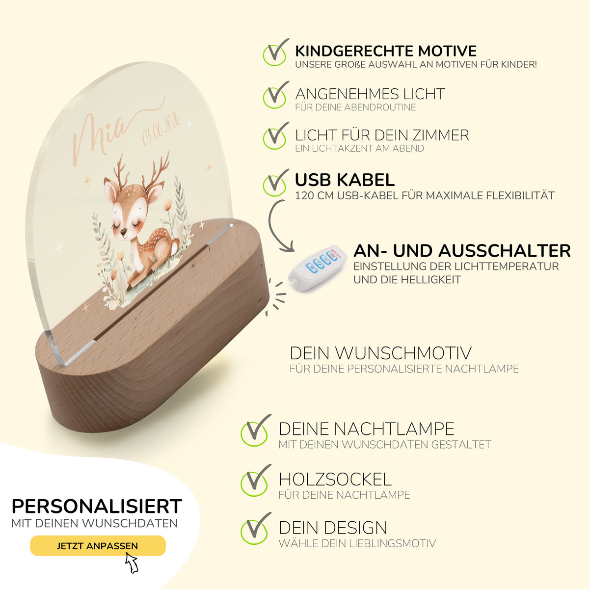 Nachtlicht Kinder personalisiert - Baby Reh im Wald