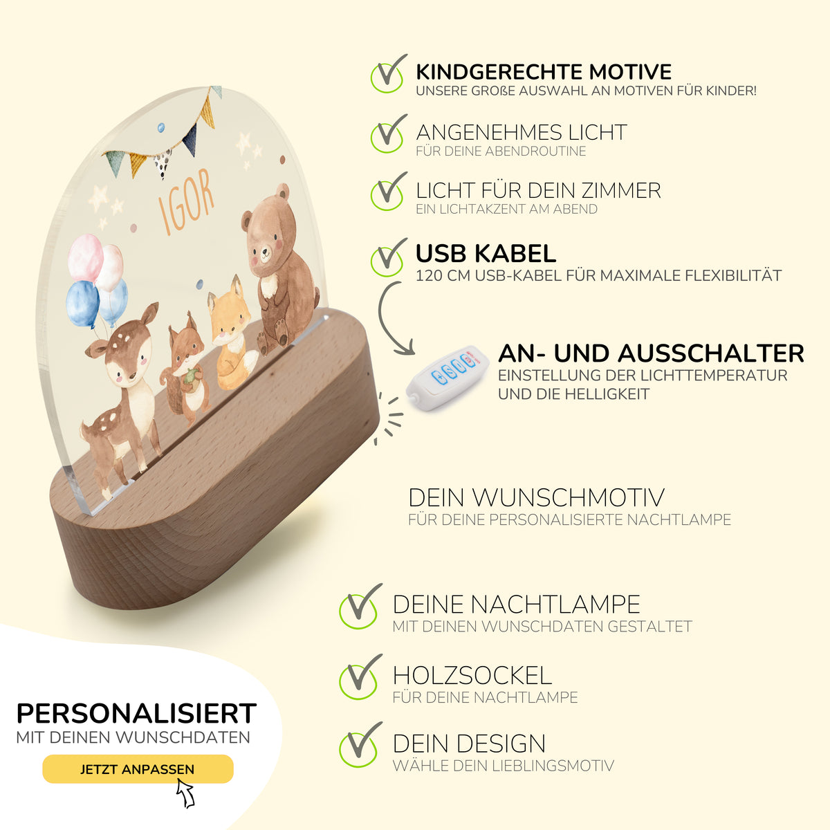 Nachtlicht Kinder personalisiert - Herzliche Tierfreunde