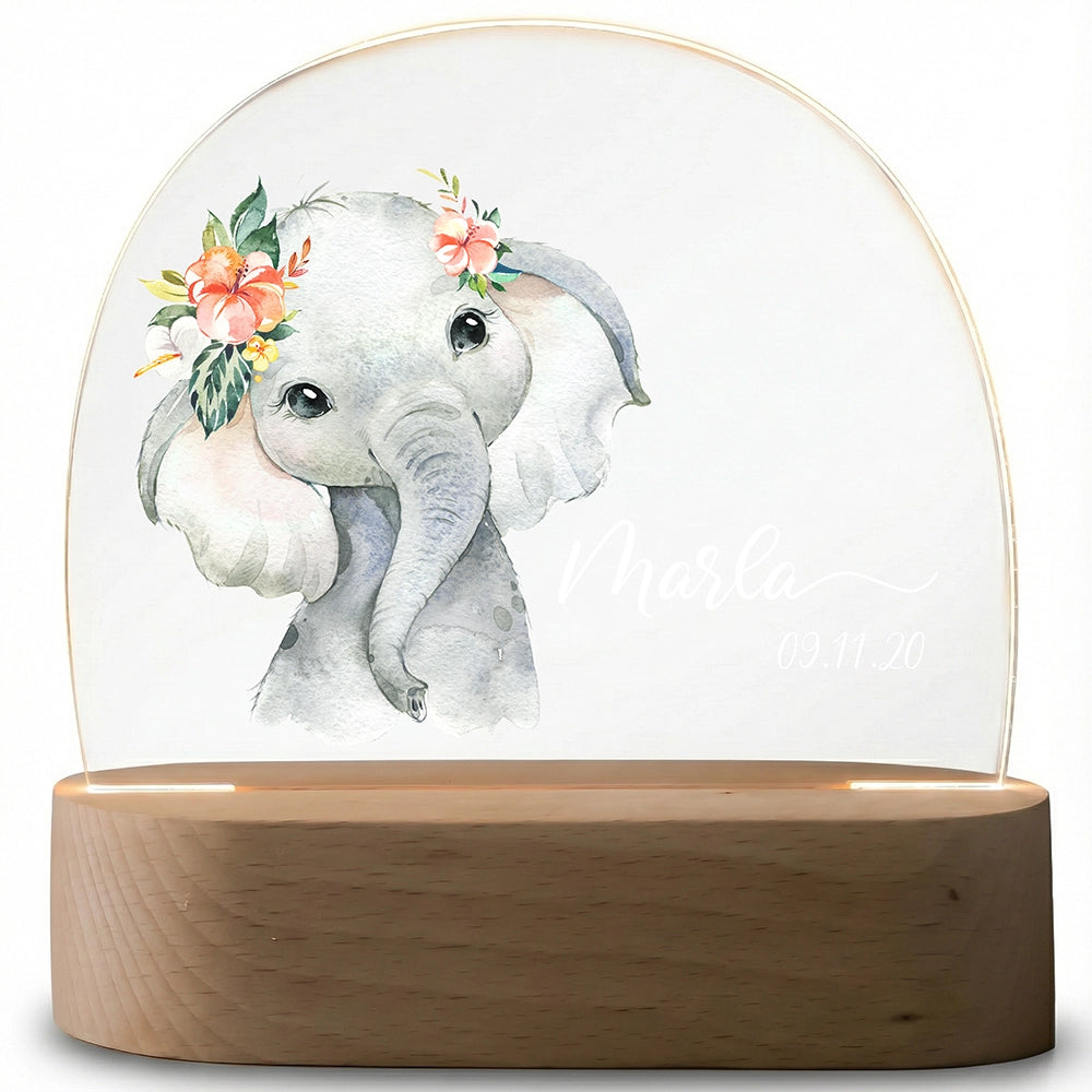 Nachtlampe Elefant mit Namen ausgeschaltet – klares Acrylglas auf Holzsockel