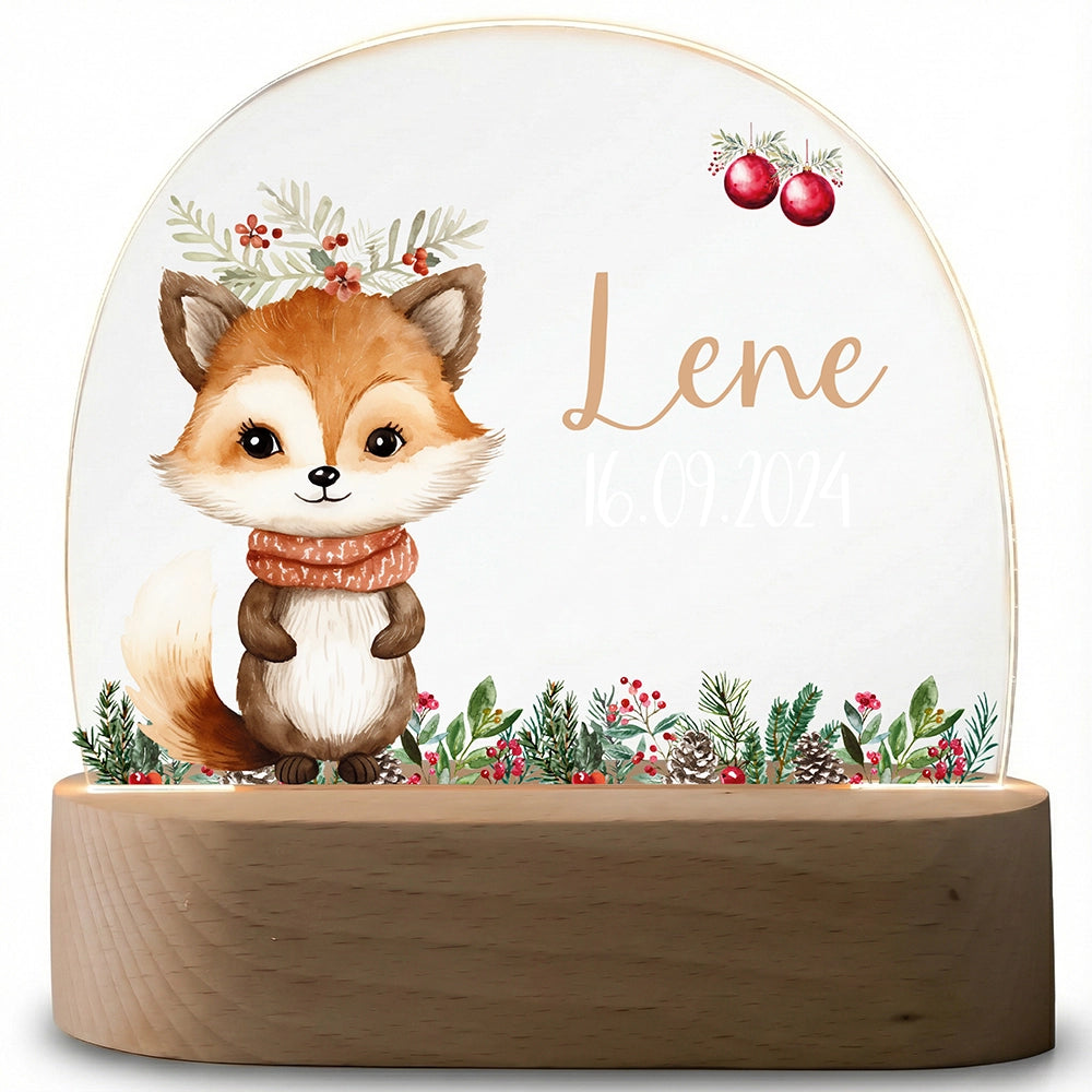 Nachtlampe Fuchs mit Namen ausgeschaltet – klares Acrylglas auf Holzsockel