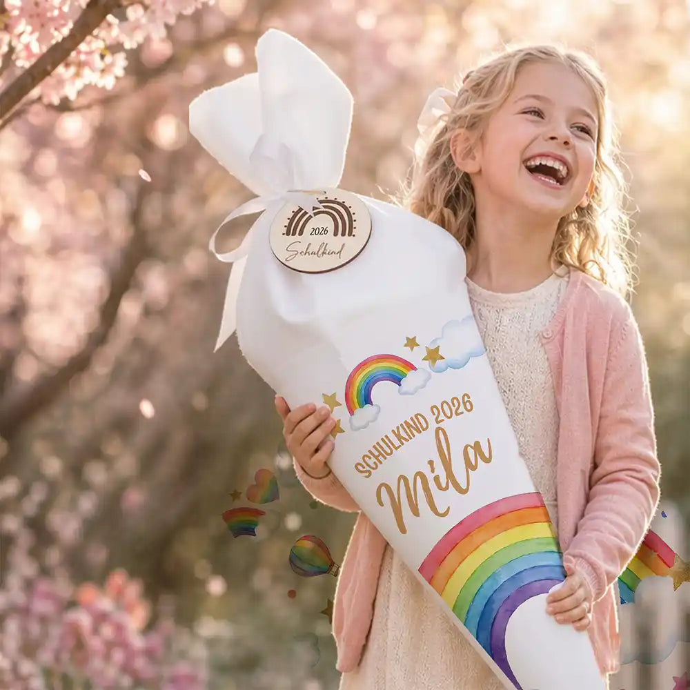Schultüte personalisiert mit Name Regenbogen Pastell – Mädchen-Lifestyle unter Kirschblüten
