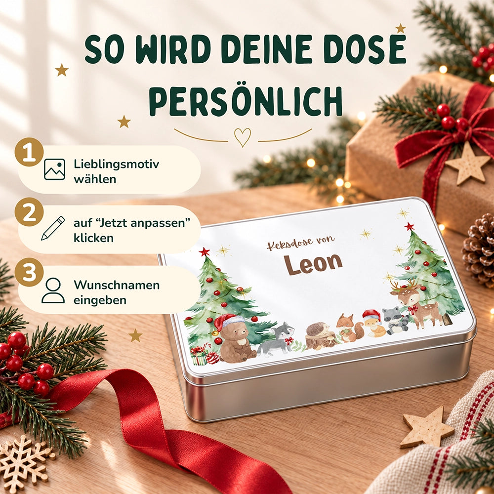 Keksdose aus Metall personalisiert - Weihnachtliche Waldtiere