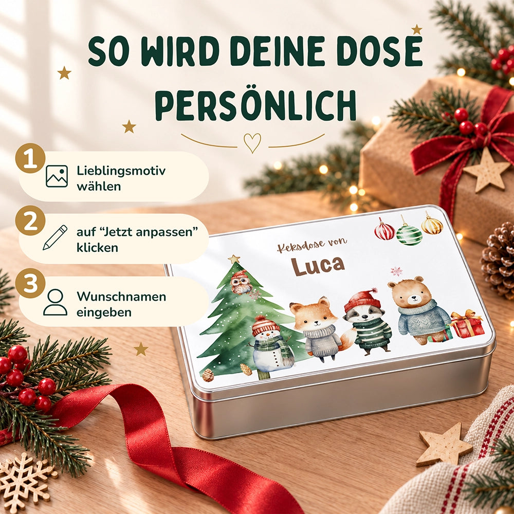 Keksdose aus Metall personalisiert - Zauberhafte Wintertiere