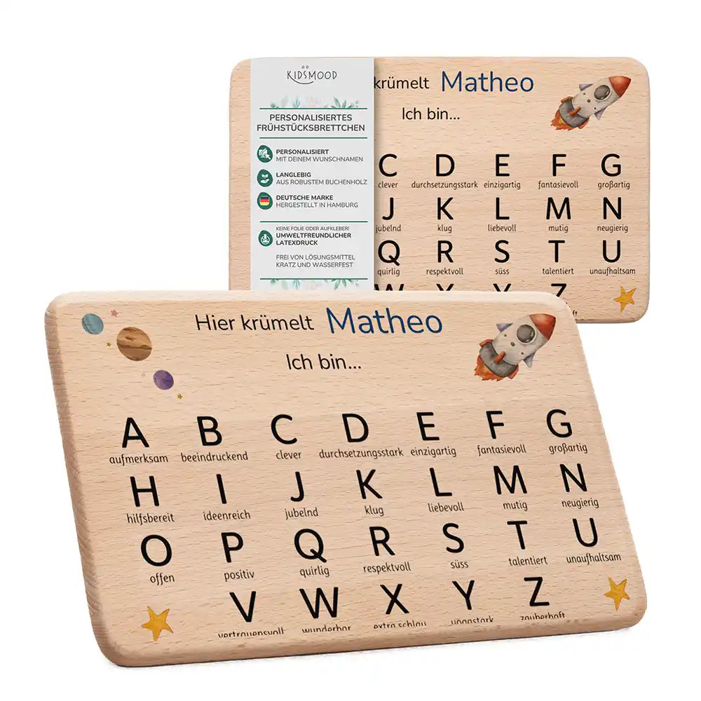ABC Brettchen Kinder personalisiert Weltraum Rakete – Maritim-Lifestyle 2