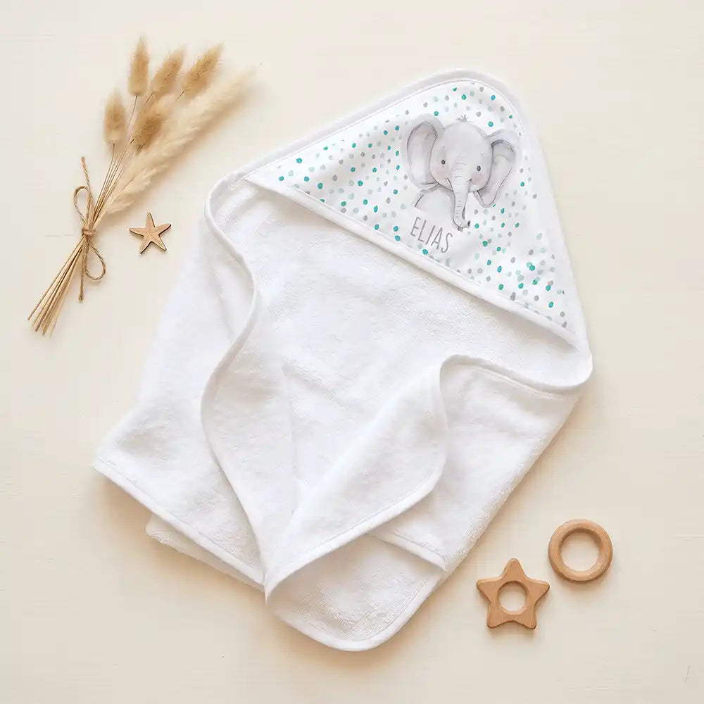 Personalisiertes Kapuzenhandtuch Baby Elefant Konfetti – Set für Zwillinge im Rattan-Look