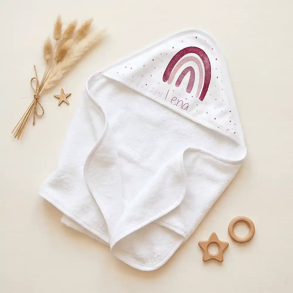 Personalisiertes Kapuzenhandtuch Baby Boho-Regenbogen – Set für Zwillinge im Rattan-Look