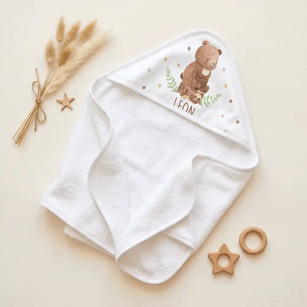Personalisiertes Kapuzenhandtuch Baby Bär Farn – Set für Zwillinge im Rattan-Look