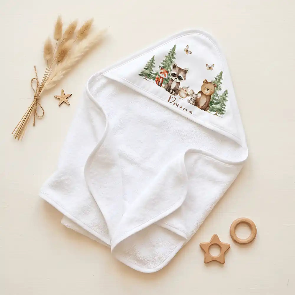 Personalisiertes Kapuzenhandtuch Baby Waldfreunde Bande – Set für Zwillinge im Rattan-Look