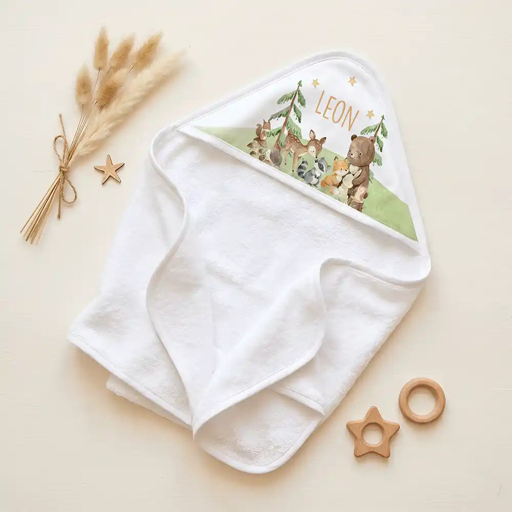 Personalisiertes Kapuzenhandtuch Baby Waldfest – Set für Zwillinge im Rattan-Look