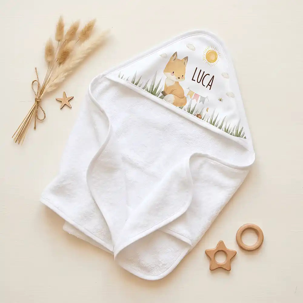 Personalisiertes Kapuzenhandtuch Baby Fuchs Wiese – Set für Zwillinge im Rattan-Look