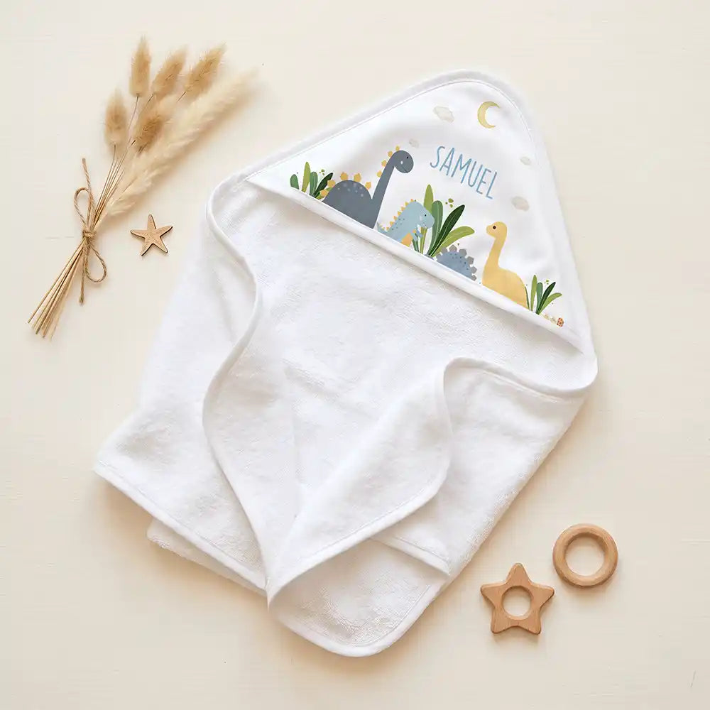 Personalisiertes Kapuzenhandtuch Baby Dinosaurier Mond – Set für Zwillinge im Rattan-Look