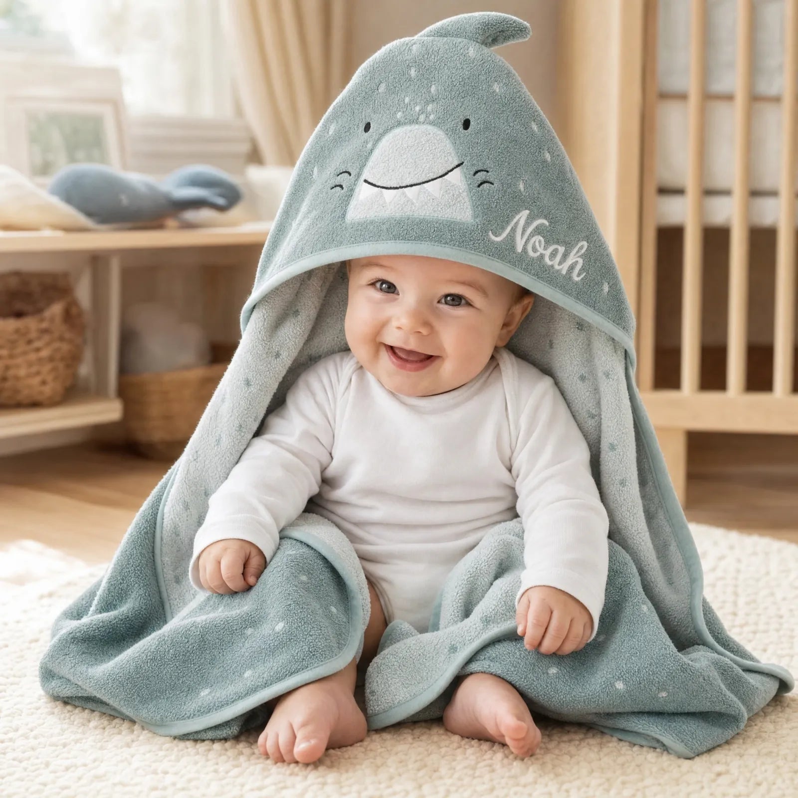 Trixie Kapuzenhandtuch Baby Hai, Geschenkidee zur Taufe mit Wunschname